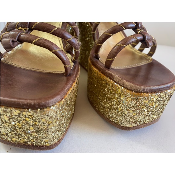 Marc Jacobs Brown Leather Gold glitter Sleep On Platform Sandals 6.5 - Picture 4 of 7